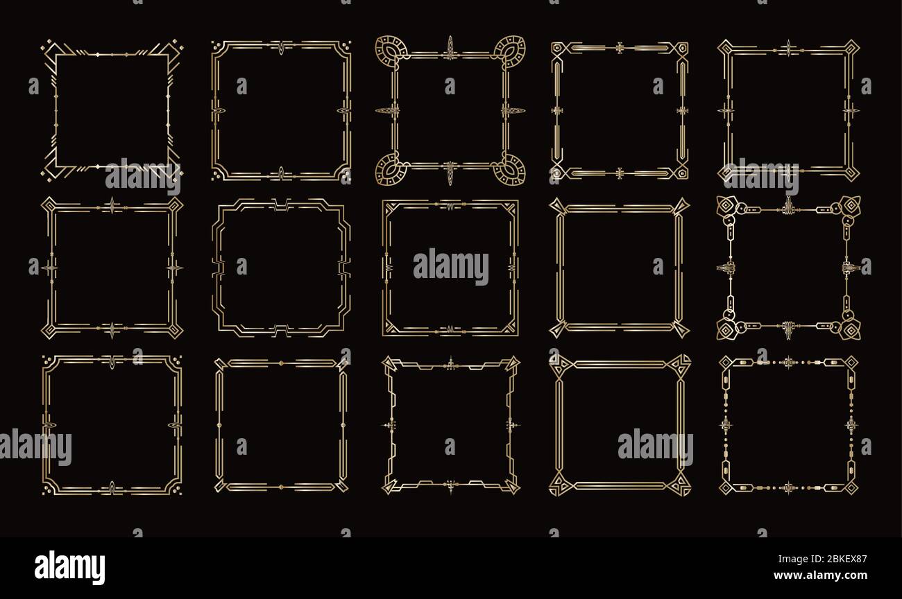 Goldene Rahmen, viktorianische geometrische Rahmen gesetzt, königliche Vektor-Ecken und Linien auf schwarzem Hintergrund Stock Vektor