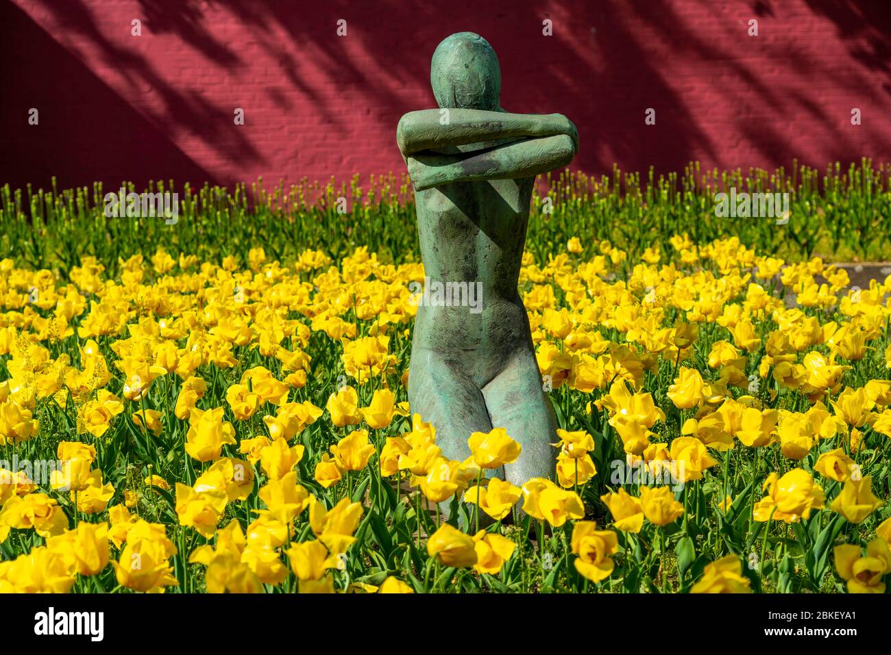 Grugaparkt, Bronzeskulptur Uwa 1950/51, im Tulpenbett, Frühling, Essen, NRW, Deutschland, Stockfoto