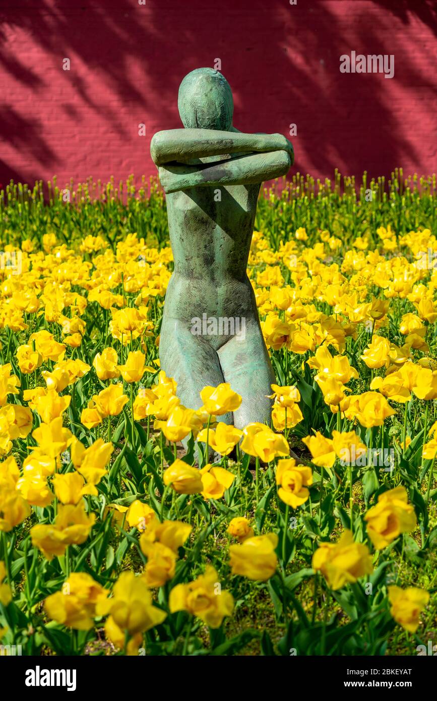 Grugaparkt, Bronzeskulptur Uwa 1950/51, im Tulpenbett, Frühling, Essen, NRW, Deutschland, Stockfoto