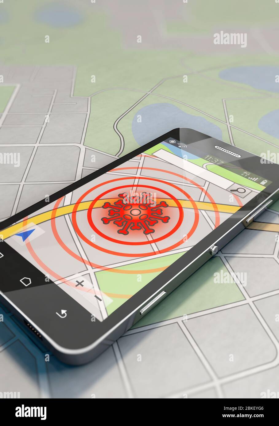 Corona, App, Trackig, Corona-App, Tracking-App, überwachen, Handy, Smartphone, Warnung, Stadt, Telefon, Ort, Mobiltelefon, Überwachung, gewohnt, Konta Stockfoto