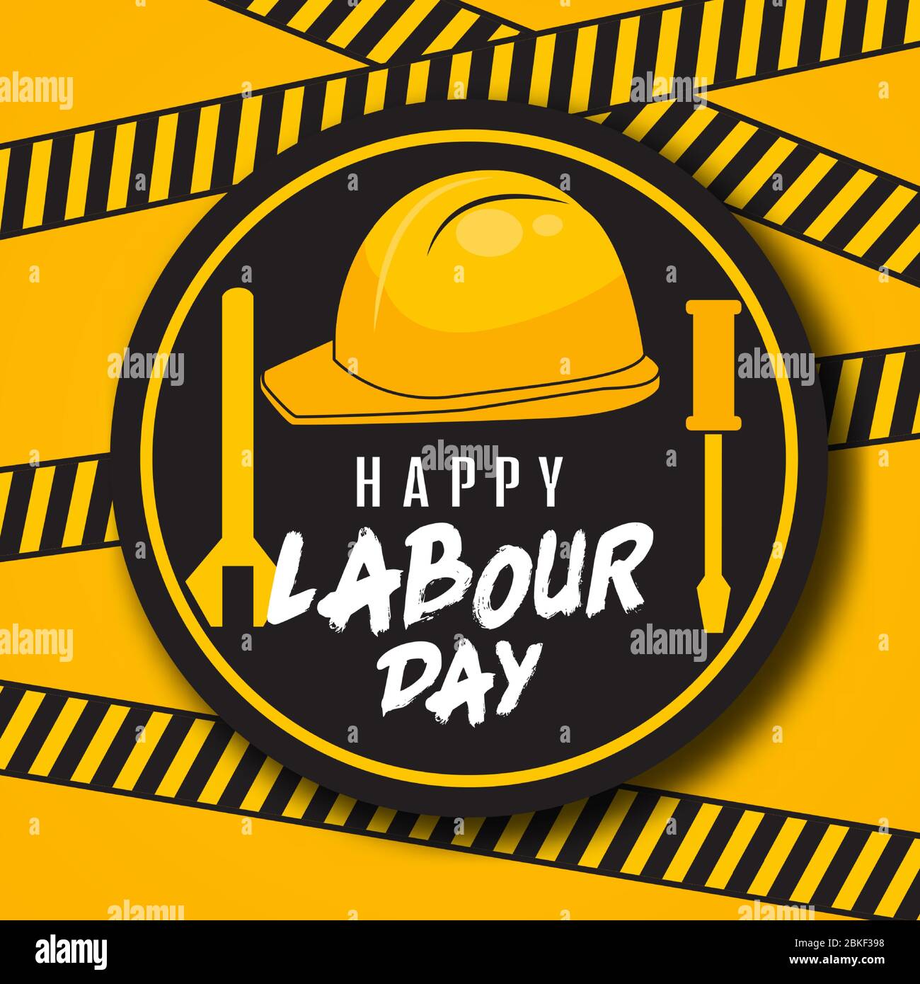 Happy Labor Day Poster oder Banner-Design in Gelb und Schwarz. 1. Mai Internationaler Tag Der Arbeit. Mit Abbildungen von Schraubendrehern und Schraubenschlüsseln. Stock Vektor