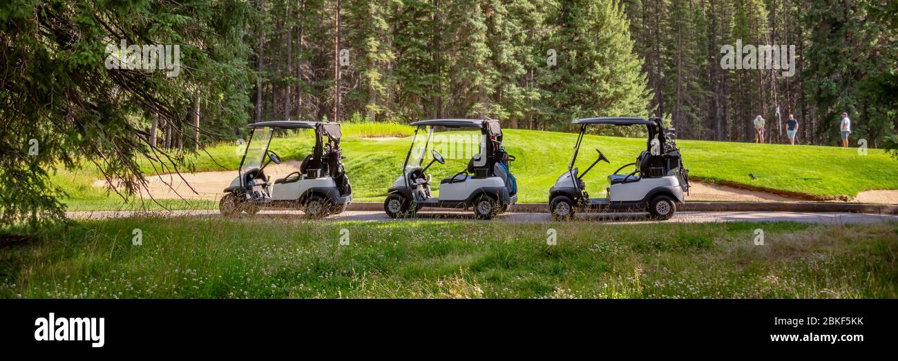 Reihe von leeren elektrischen Karren auf der Seite des Golfplatzes, in Banff, Alberta, Kanada Stockfoto