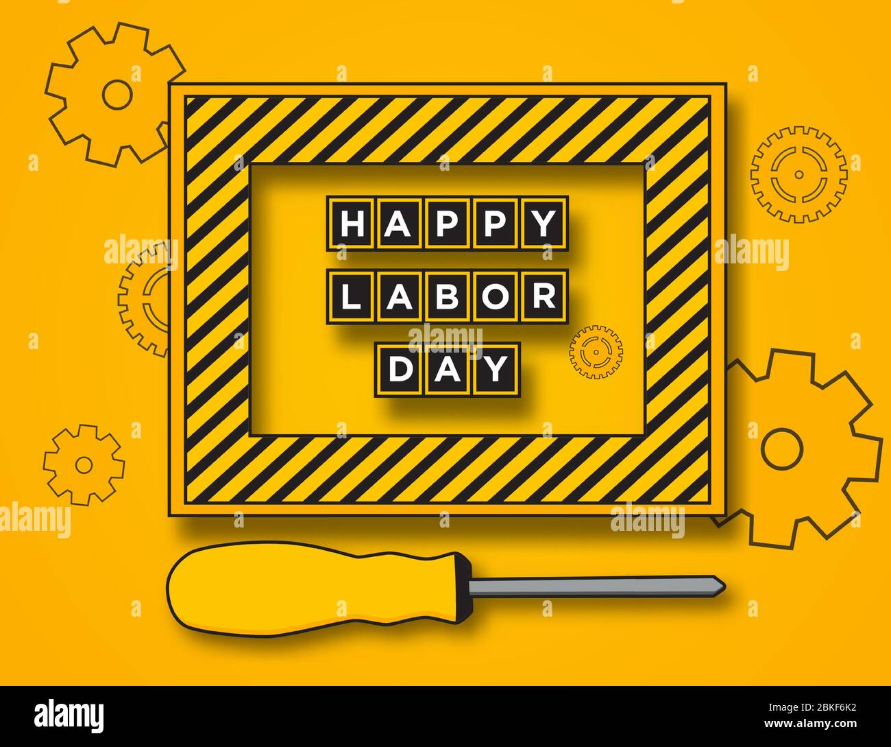Happy Labor Day Poster oder Banner-Design in Gelb und Schwarz. 1. Mai Internationaler Tag Der Arbeit. Mit Abbildungen von Schraubendrehern und Rahmen. Stock Vektor