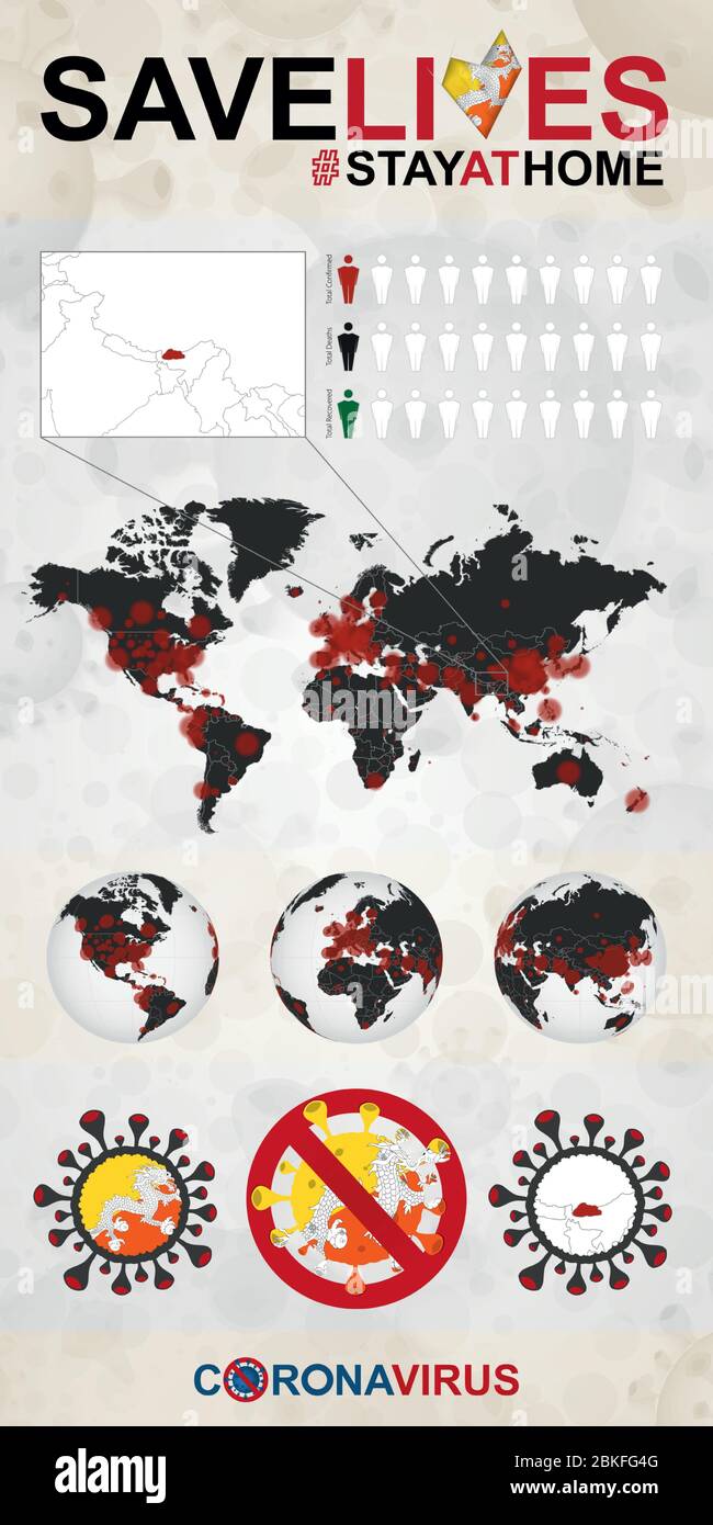 Infografik über Coronavirus in Bhutan - zu Hause bleiben, Leben retten. Bhutan Flagge und Karte, Weltkarte mit COVID-19 Fällen. Stock Vektor