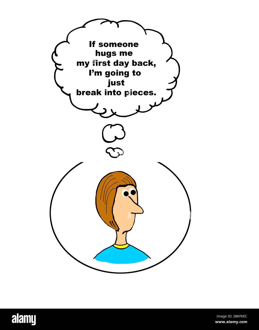 Farbe Cartoon einer Geschäftsfrau denken, dass, wenn jemand umarmt sie am ersten Tag zurück, sie in Stücke brechen. Stockfoto