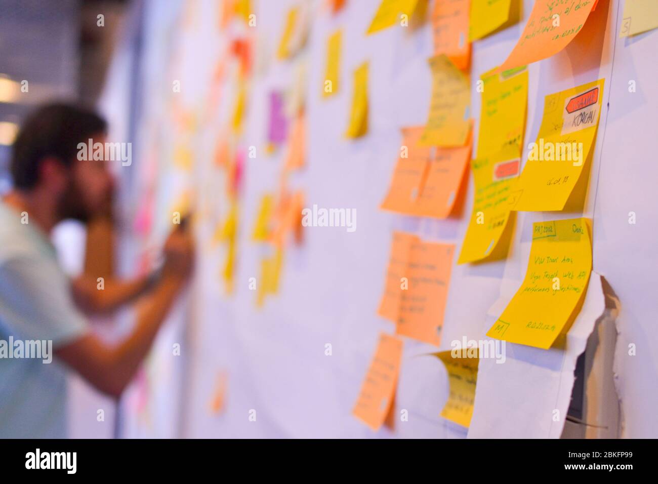 Junger Mann arbeitet an Kanban Board, das eine Art agile Entwicklungsmethodik ist. Dieses Bild wurde am 10/15/2018 in Istanbul, Türkei aufgenommen Stockfoto