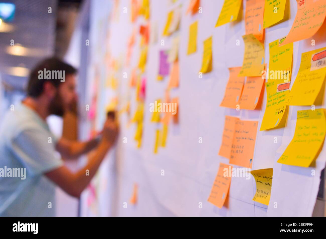 Junger Mann arbeitet an Kanban Board, das eine Art agile Entwicklungsmethodik ist. Dieses Bild wurde am 10/15/2018 in Istanbul, Türkei aufgenommen Stockfoto