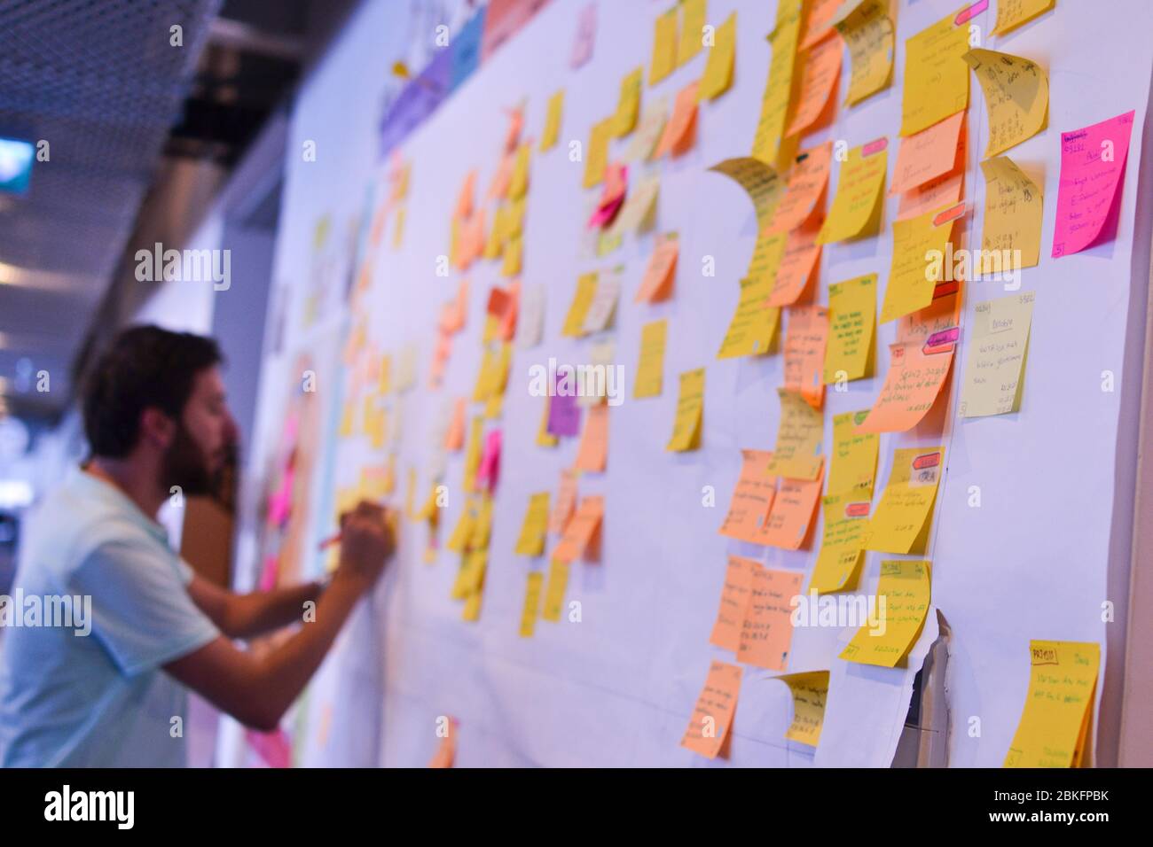 Ein IT-Mitarbeiter, der seine Aufgaben auf dem Kanban-Board verfolgt. Die Verwendung von Kanban-Boards zur Aufgabensteuerung ist eine Art agile Entwicklungsmethodik. Stockfoto