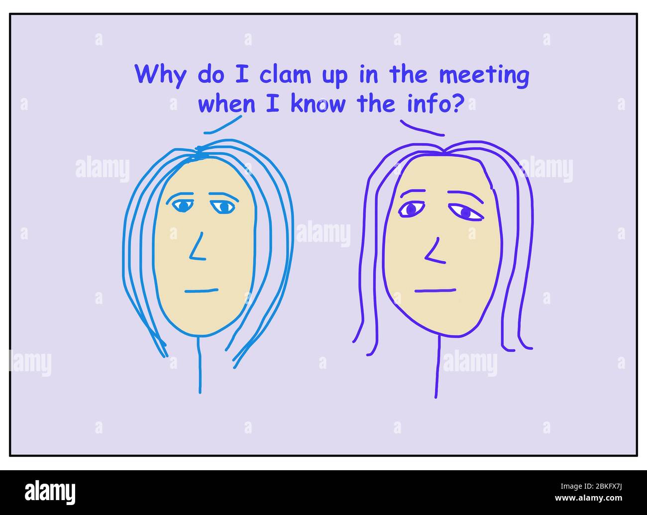 Farbe Cartoon von zwei Geschäftsfrauen, die sagen, sie wissen nicht, warum sie Clam up in der Sitzung, wenn sie die Informationen kennen. Stockfoto