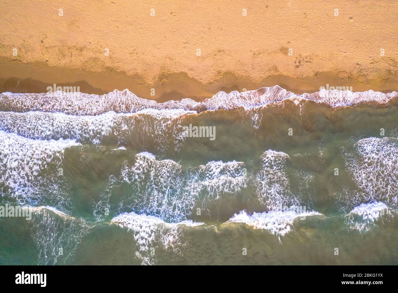Von oben Blick auf die Meereswellen des Wassers am goldfarbenen Strand von Korsika, Frankreich. Stockfoto