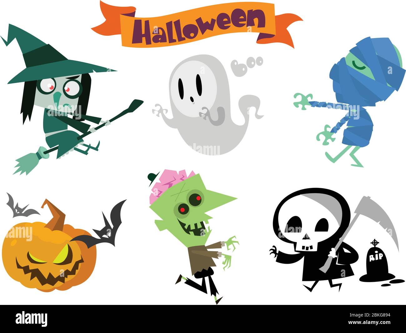 Cartoon Halloween Figuren Set. Zombie, Kürbiskopf, Mama, Fledermaus, Hexe, Geist, Sensenmann, Tod und Friedhof Stock Vektor