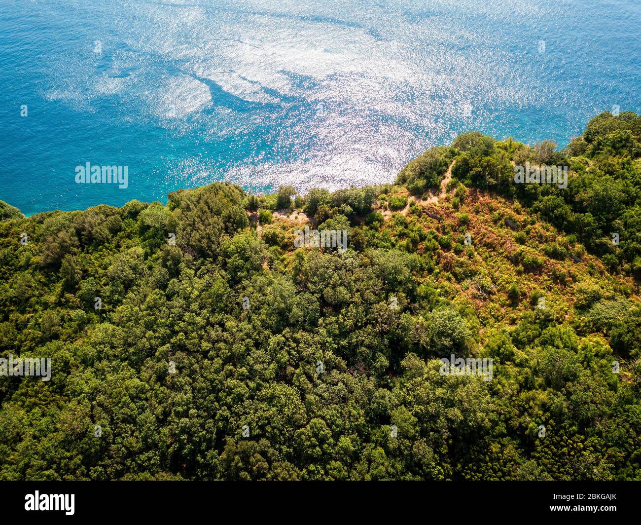 Luftaufnahme des unzugänglichen Pfades der Insel Sveti Nikola in Budva, Montenegro. Zerklüftete Küsten mit Blick auf das Meer und das Mittelmeer. Stockfoto