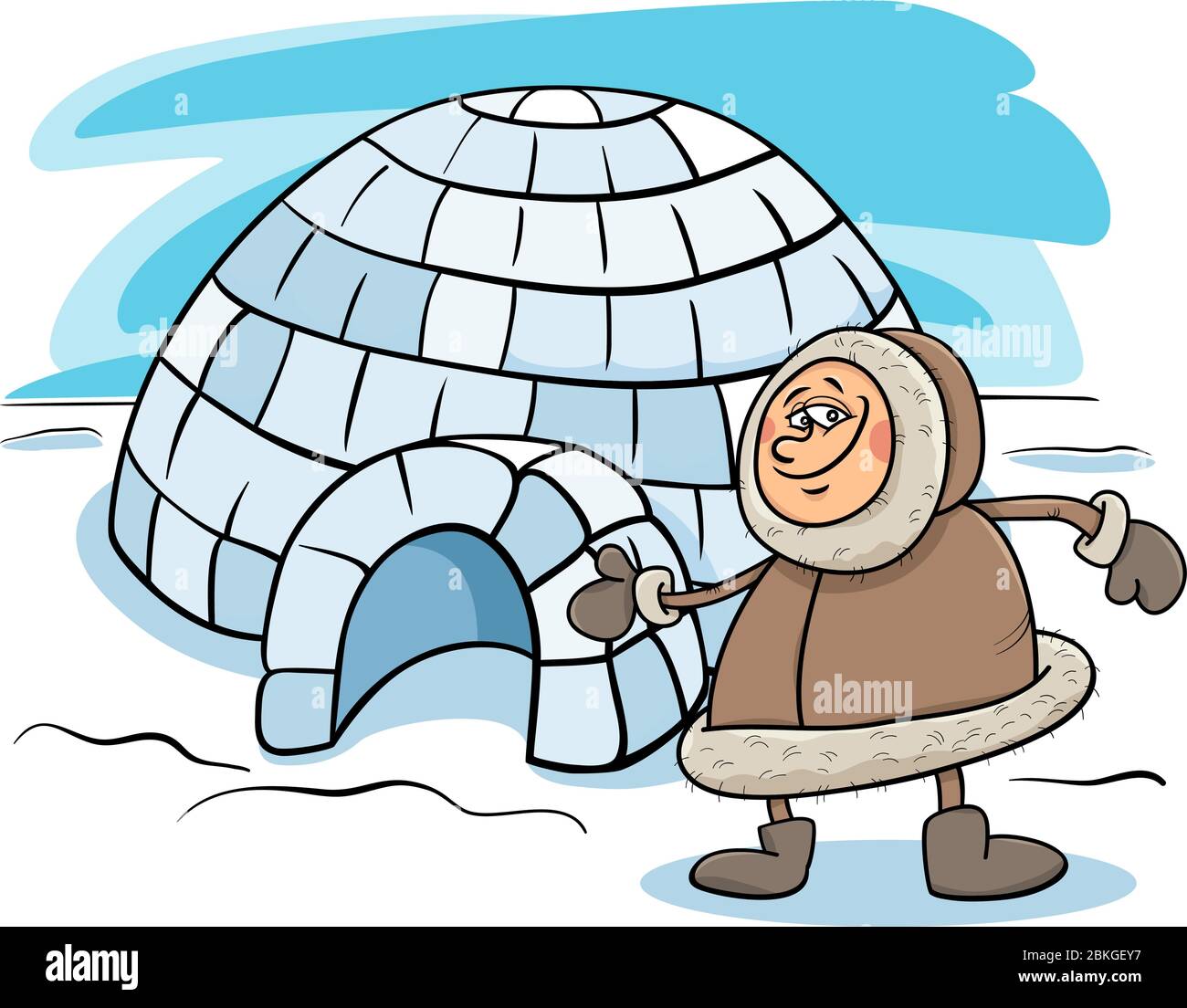Cartoon Illustration von Lustiger Eskimo oder Lapp man mit seinem Iglu