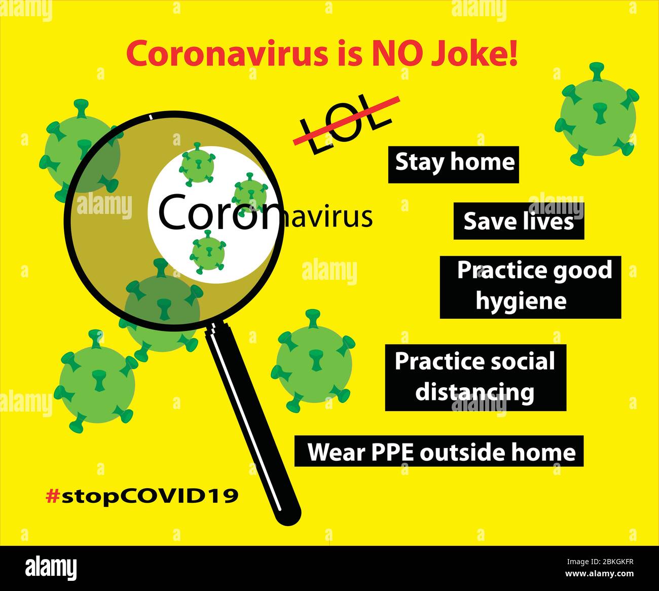 corona Virus Info-grafisches Poster mit Präventivmaßnahmen, Präventionstipps, um die Ausbreitung des tödlichen Virus zu stoppen und Korona zu betonen, ist kein Witz Stock Vektor