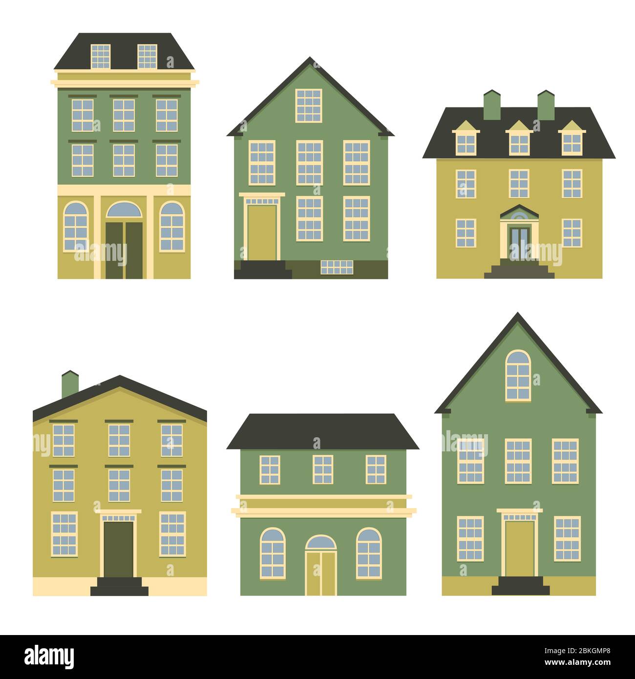 Set von Häusern Vorderansicht. Sammlung von Ikonen der Stadt-und Vorstadthaus, Stadthaus und Hütte. Isolierte Vektordarstellung Stock Vektor