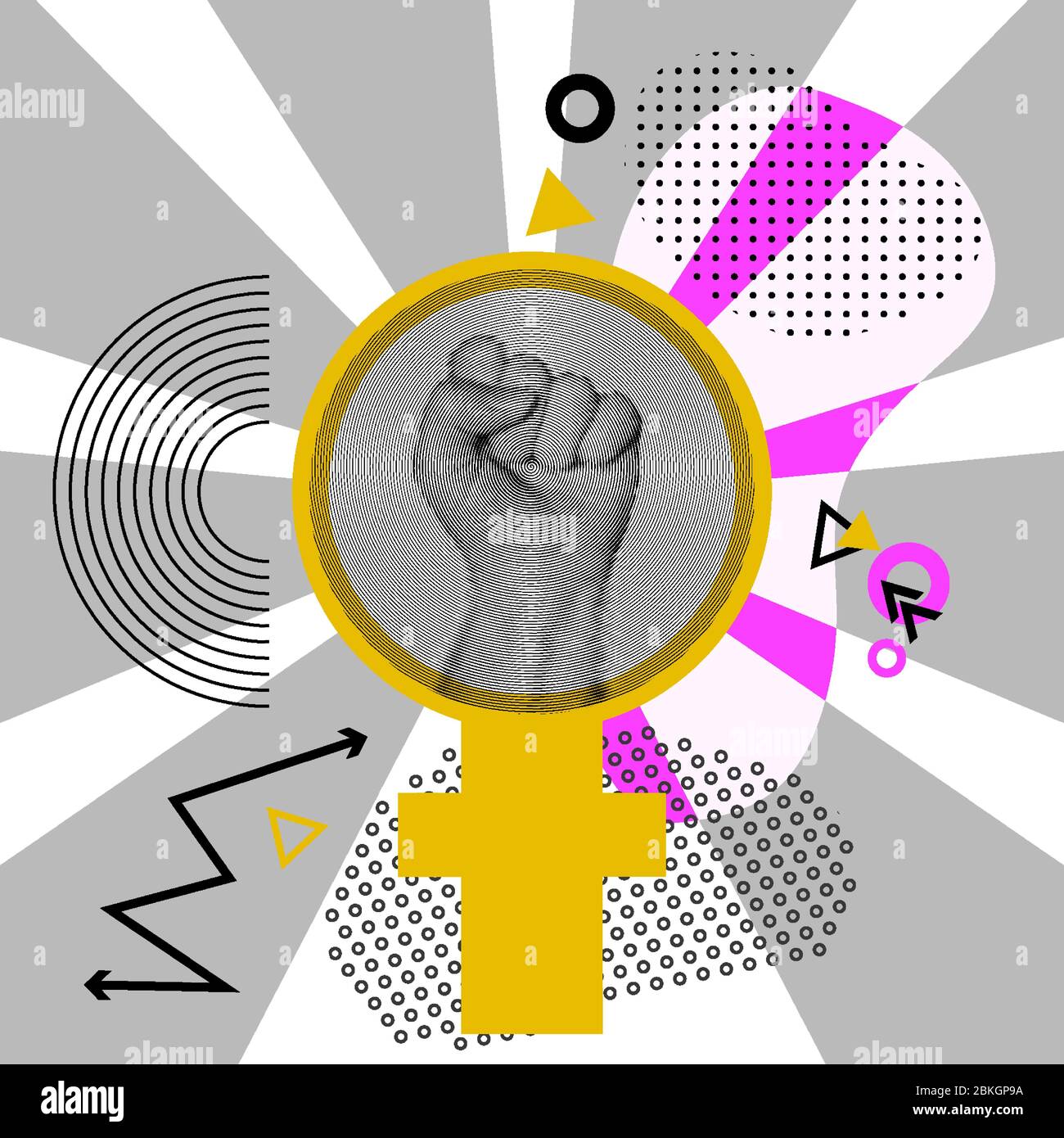 Hand in Hand als Pop Art abstrakten Stil. Ich kann es tun. Sei stark. Feminismus Protestschild auf grauen Strahlen Sonne Hintergrund. Spiegel der Venus Vektor Illustration Stock Vektor