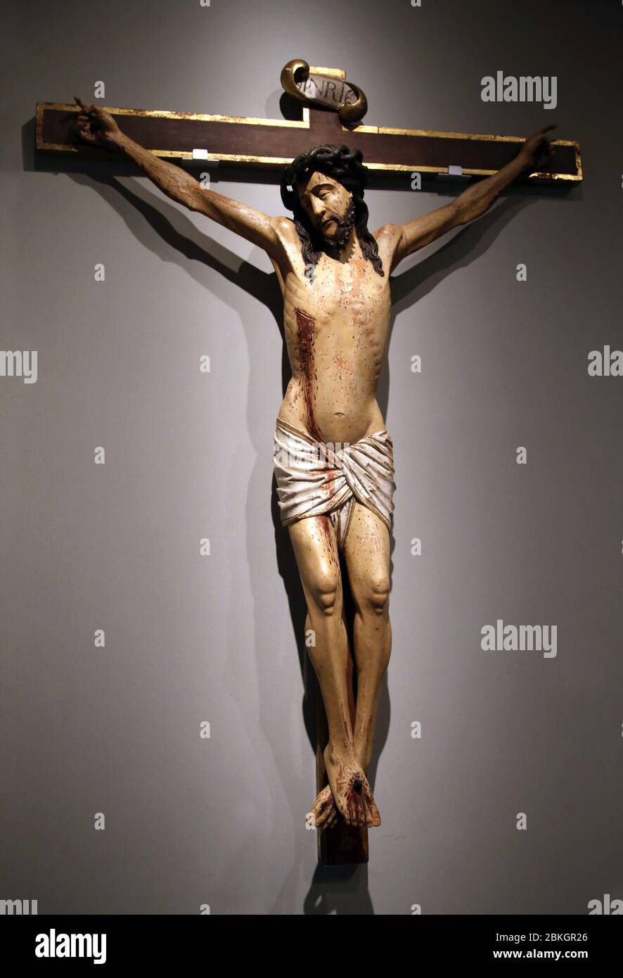 Christus gekreuzigt, polychrome Holzschnitzerei (Ende 15. Jh.) Bildhauer Alejo de Vahia. Valladolid, Museu Frederic Mares, Barcelona, Spanien. Stockfoto