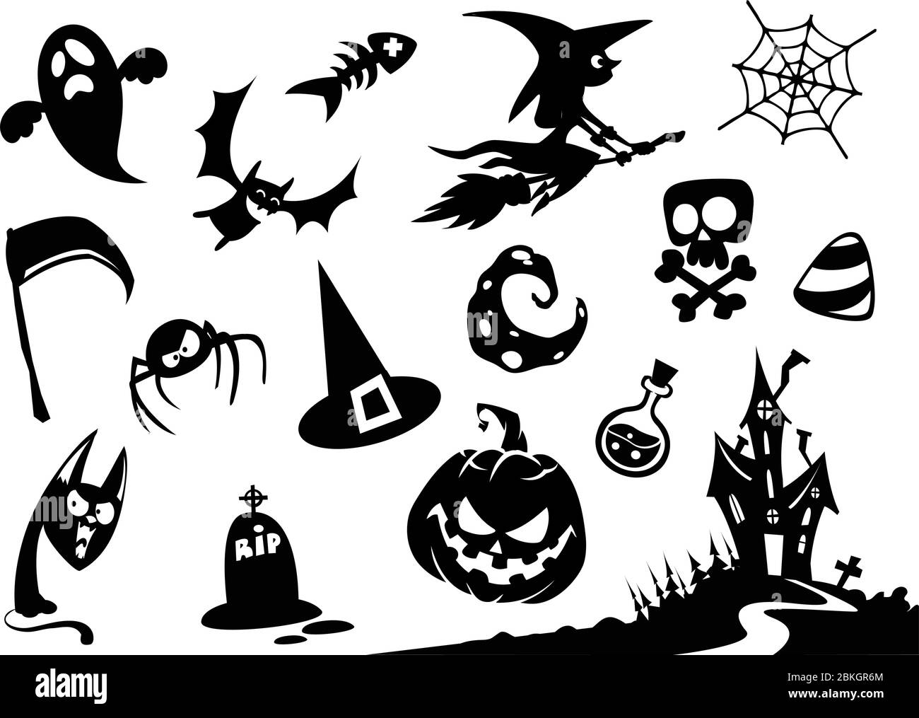 Halloween Cartoon Elemente Silhouette. Kürbiskopf, Hexe, Schädel, Sensenmann, Spukhaus, Katze, Geist, Mond, Spinne, Gift, Topf, Broomstick, Süßigkeiten Stock Vektor