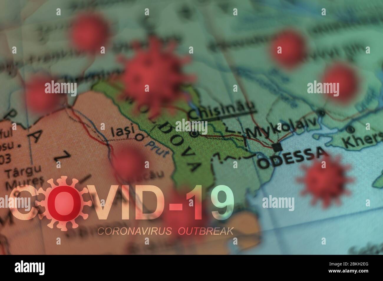 Covid-19 Ausbruch oder neues Coronavirus, 2019-nCoV, Virus auf einer Karte der Ukraine, Mykolaiv. Covid 19-NCP-Virus: Ansteckung und Ausbreitung von Krankheiten in der Stadt Stockfoto