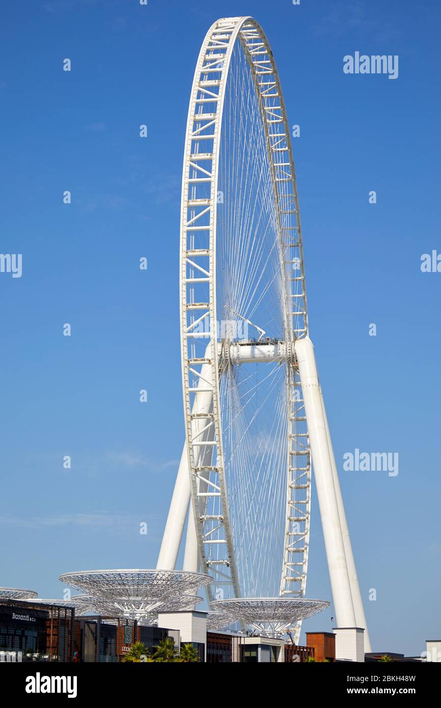DUBAI, VEREINIGTE ARABISCHE EMIRATE - November 23, 2019: Ain Dubai, die größte Aussichtsrad an einem sonnigen Tag, Clear blue sky in Dubai Stockfoto