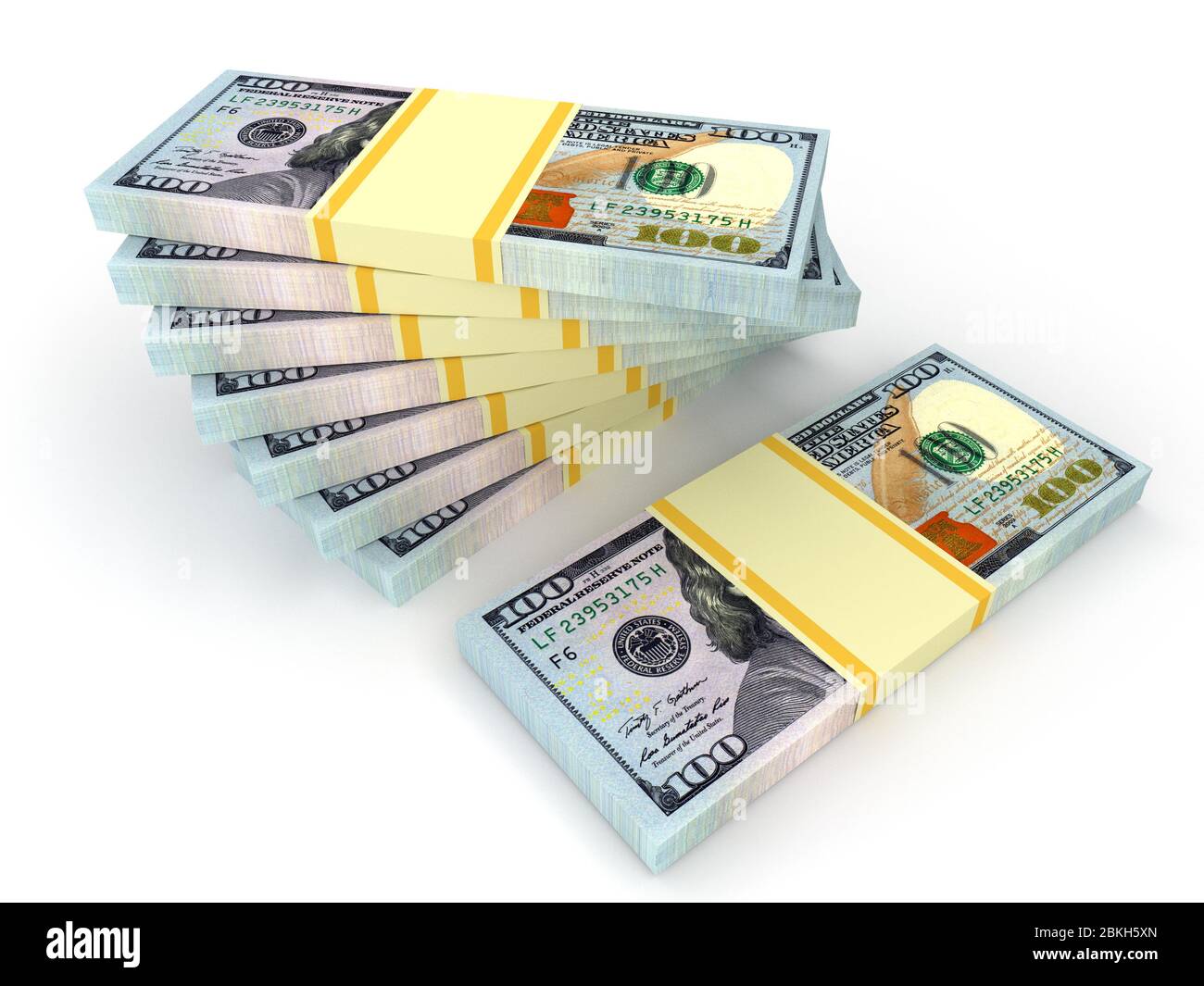 Große Stapel von Dollar auf Weiß isoliert. Business und Finanzen konzeptionelle Stockfoto