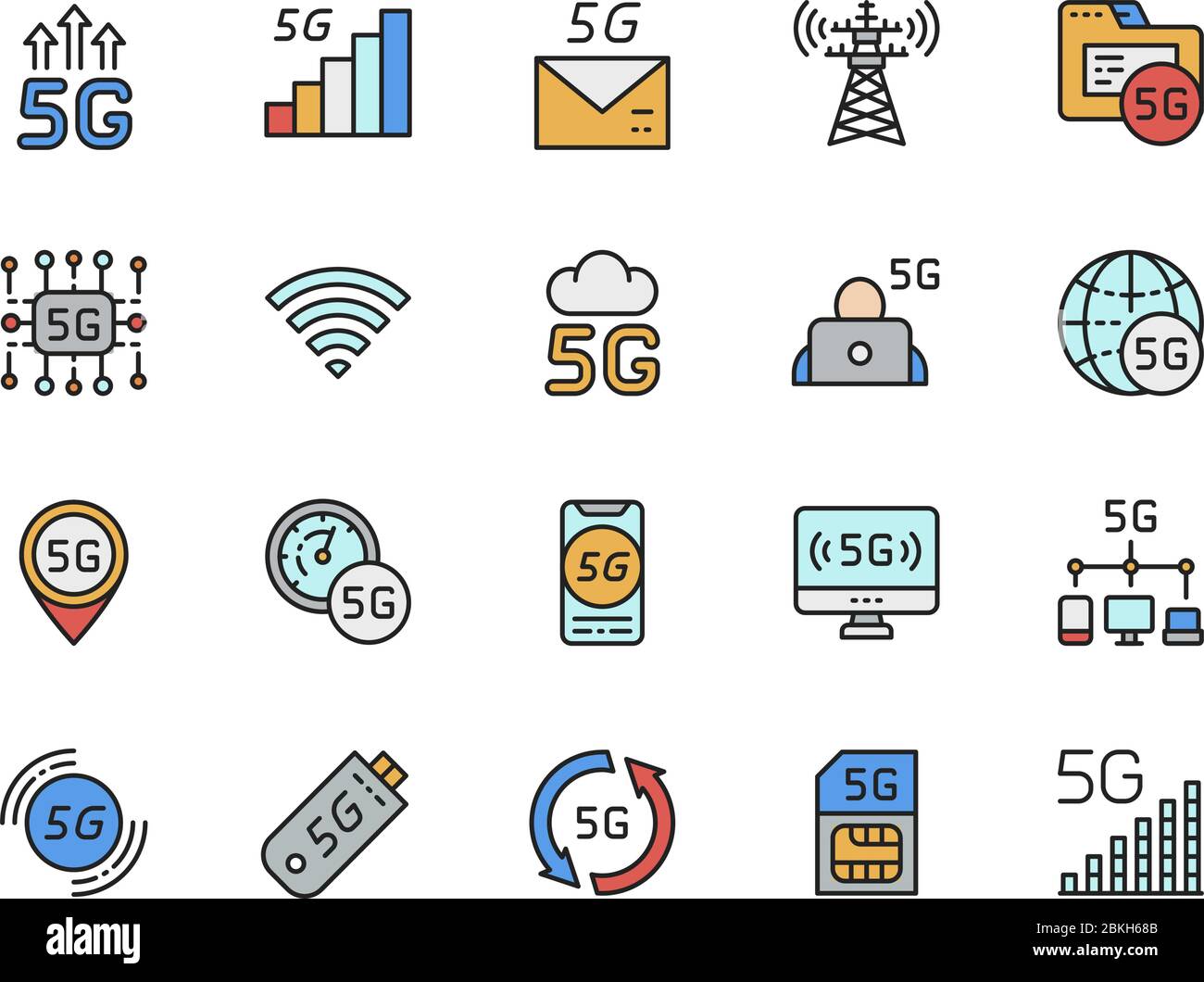 Satz von 5G Internet Color Line Icons. Netzwerksignal, Datenbank, SIM-Karte und mehr Stock Vektor