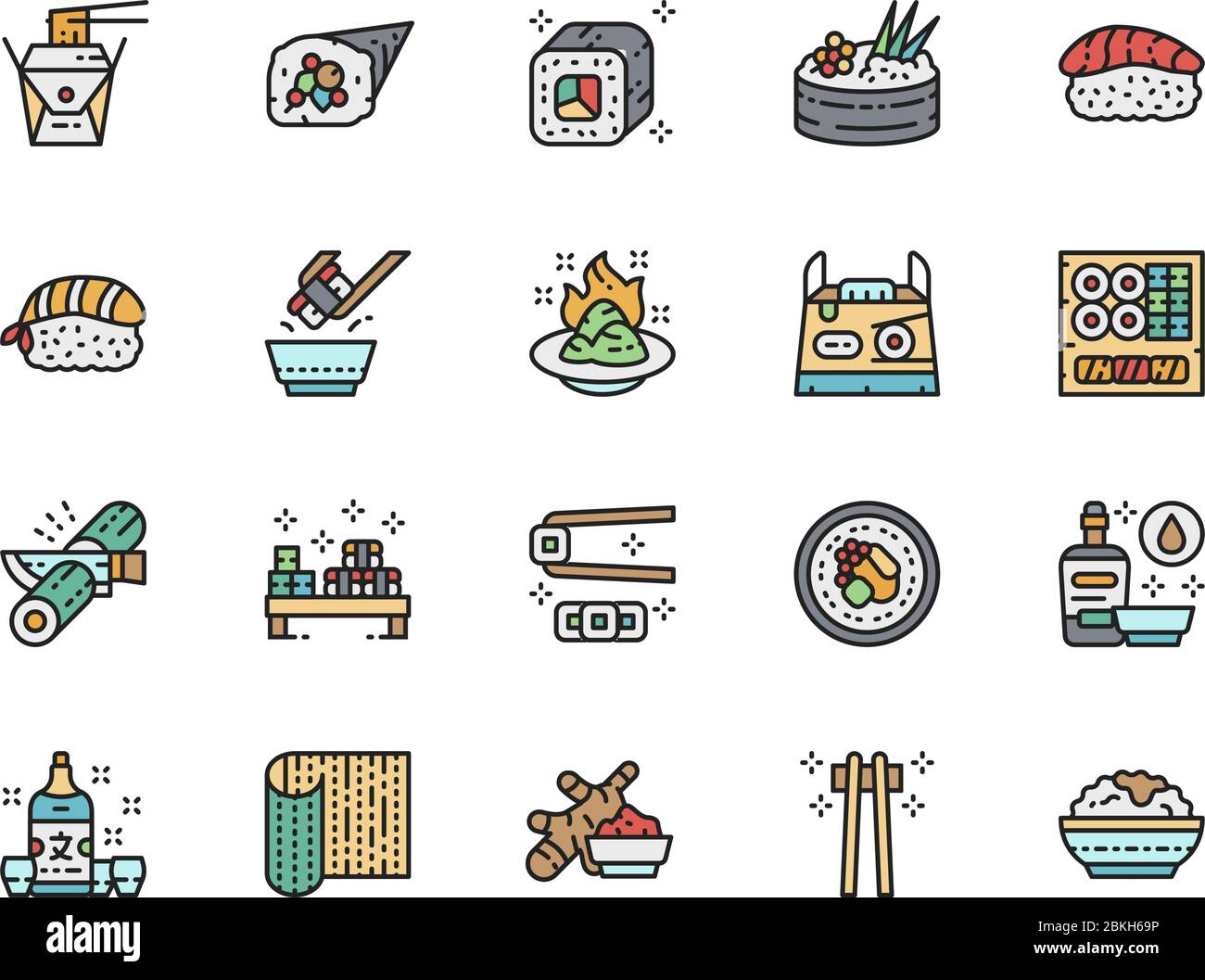 Set mit japanischen Food Color Line Icons. Ginger, Temaki, Wasabi, Sake und mehr. Stock Vektor