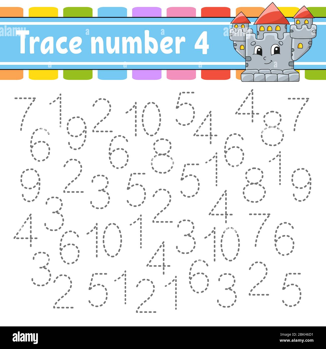 Trace Nummer 4. Handschriftübung. Lernzahlen für Kinder. Arbeitsblatt zur Entwicklung von Schulungen. Aktivitätsseite. Spiel für Kleinkinder und Vorschulkinder. Ist Stock Vektor