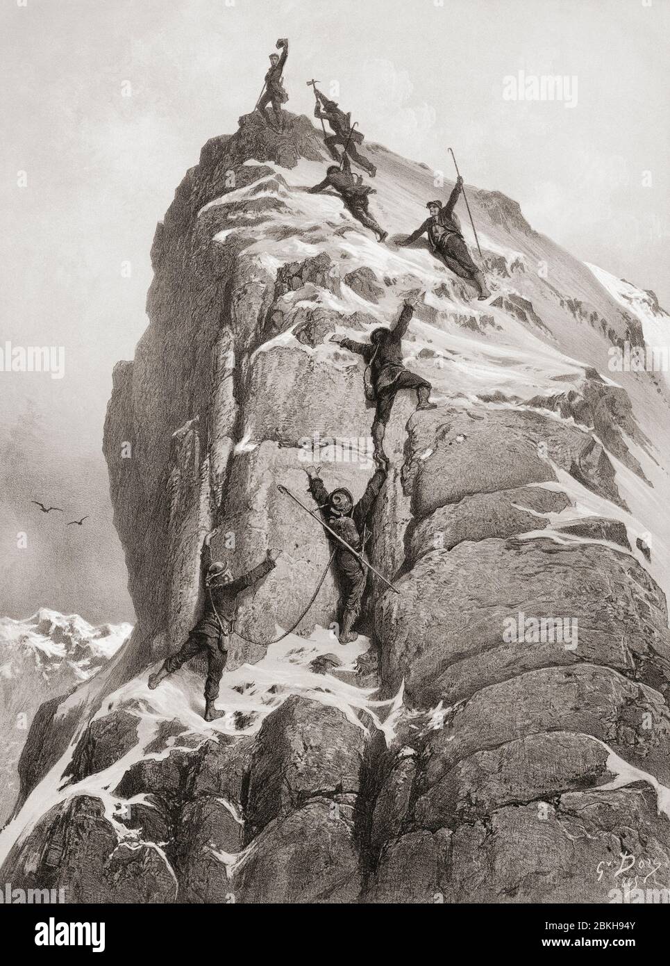 Die Erstbesteigung des Matterhorns durch Edward Whymper, Lord Francis Douglas, Charles Hudson, Douglas Hadow, Michel Croz mit zwei Zermatter Führern, Peter Taugwalder und seinem gleichnamigen Sohn, erfolgte am 14. Juli 1865. Nach einem Stich von Gustave Dore. Stockfoto