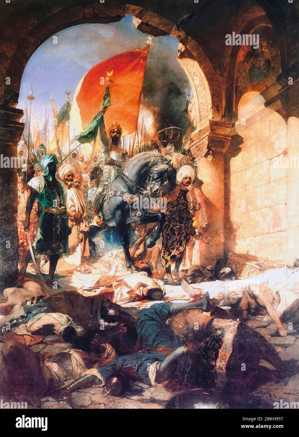 Der Eintritt von Mehmed II in Konstantinopel. Nach dem Gemälde des französischen Künstlers Jean-Joseph Benjamin-Constant. Mehmed II., auch bekannt als Mehmed der Eroberer, 1432 - 1481. Stockfoto
