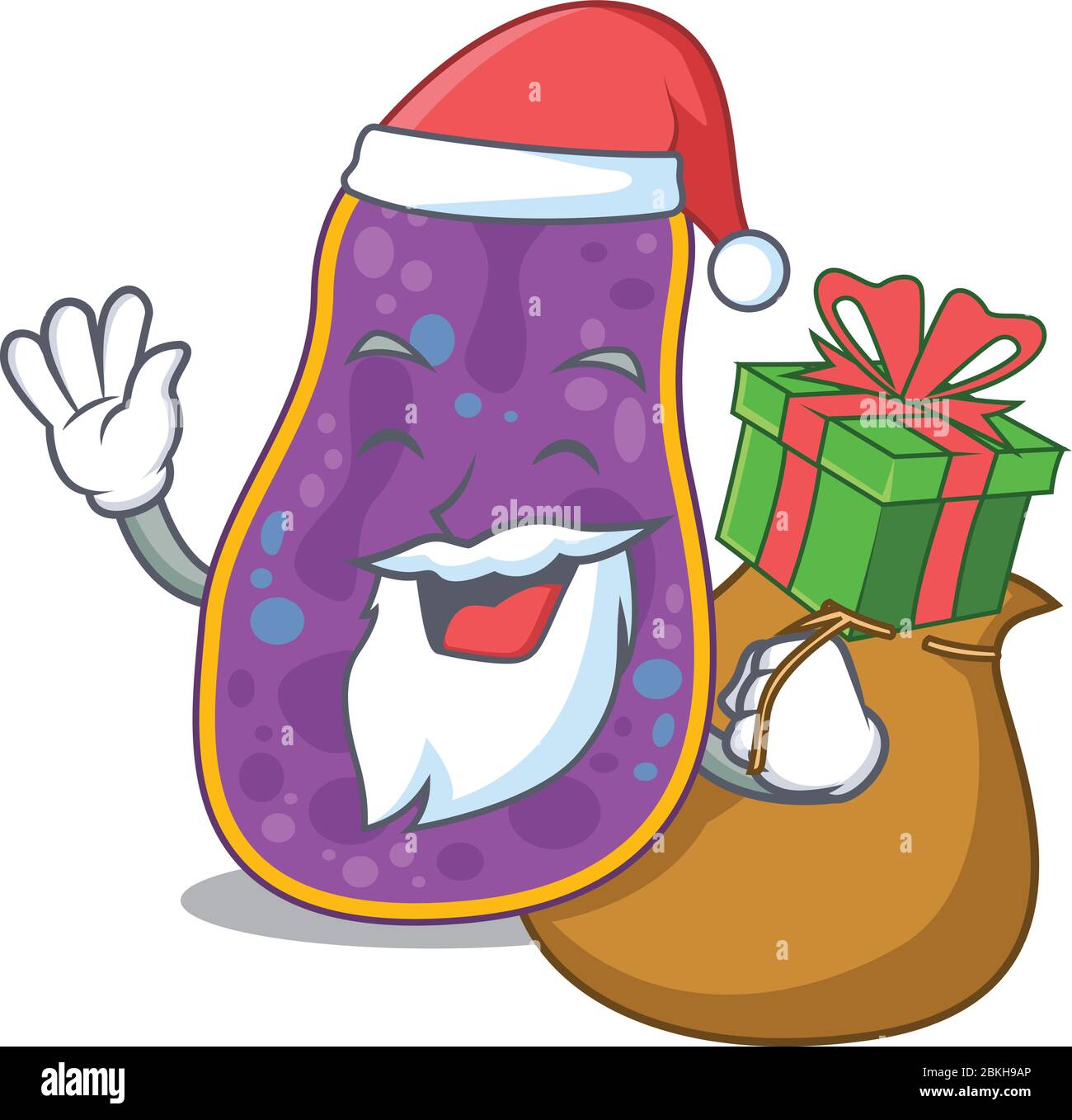 Cartoon-Design von Shigella sp. Bakterien Santa mit Weihnachtsgeschenk Stock Vektor