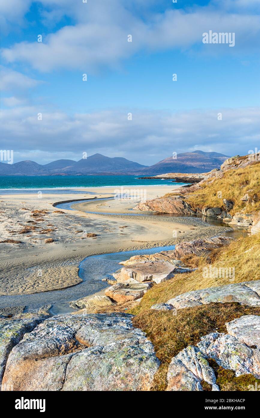 Ebbe am Strand von Traigh Rosamol bei Luskentire auf der Isle of Harris auf den Western Isles of Scotland Stockfoto
