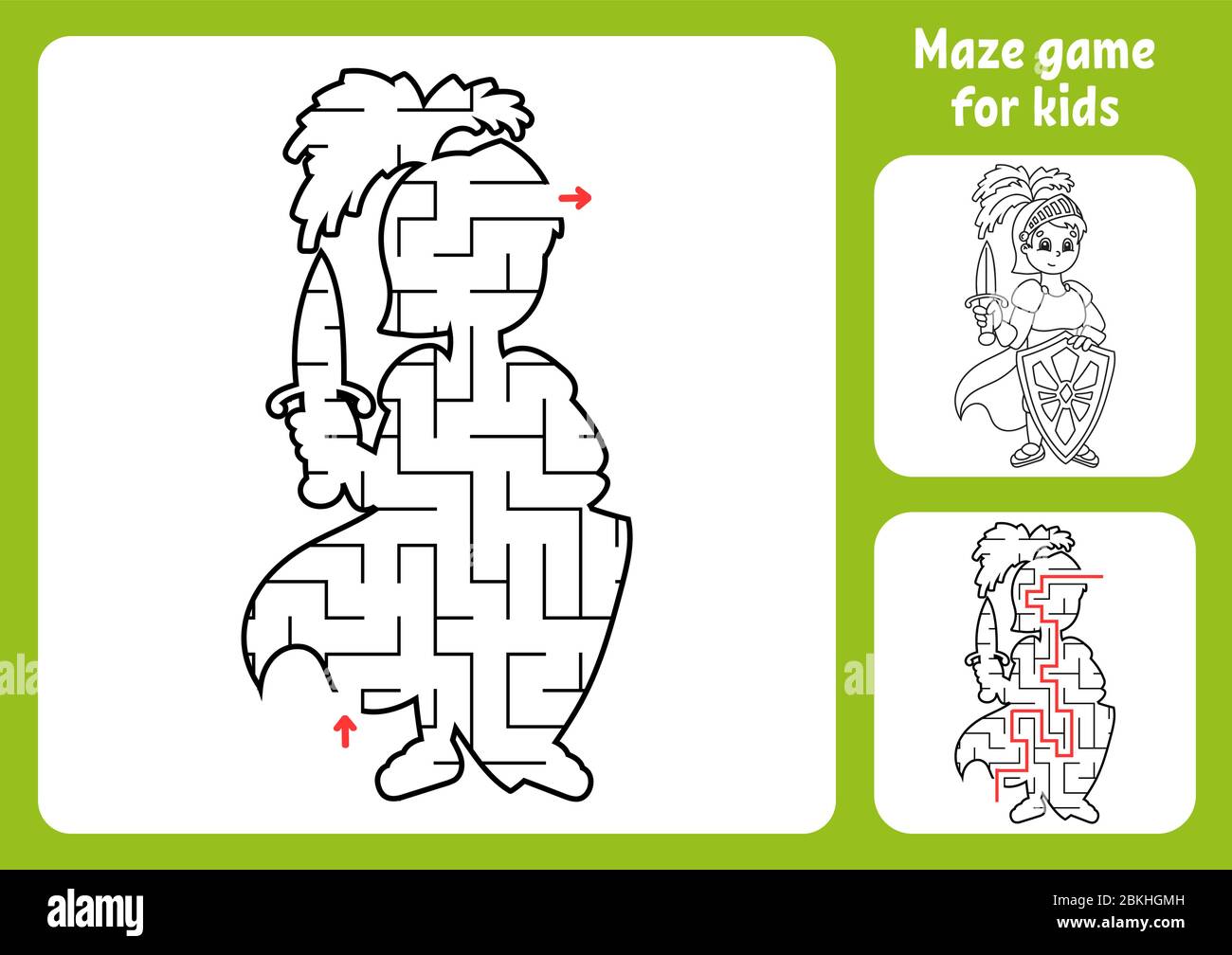 Abstraktes Labyrinth. Tapferer Ritter. Spiel für Kinder. Puzzle für Kinder. Labyrinth-Rätsel. Finden Sie den richtigen Weg. Arbeitsblatt für Schulungen. Mit Antwort. Stock Vektor