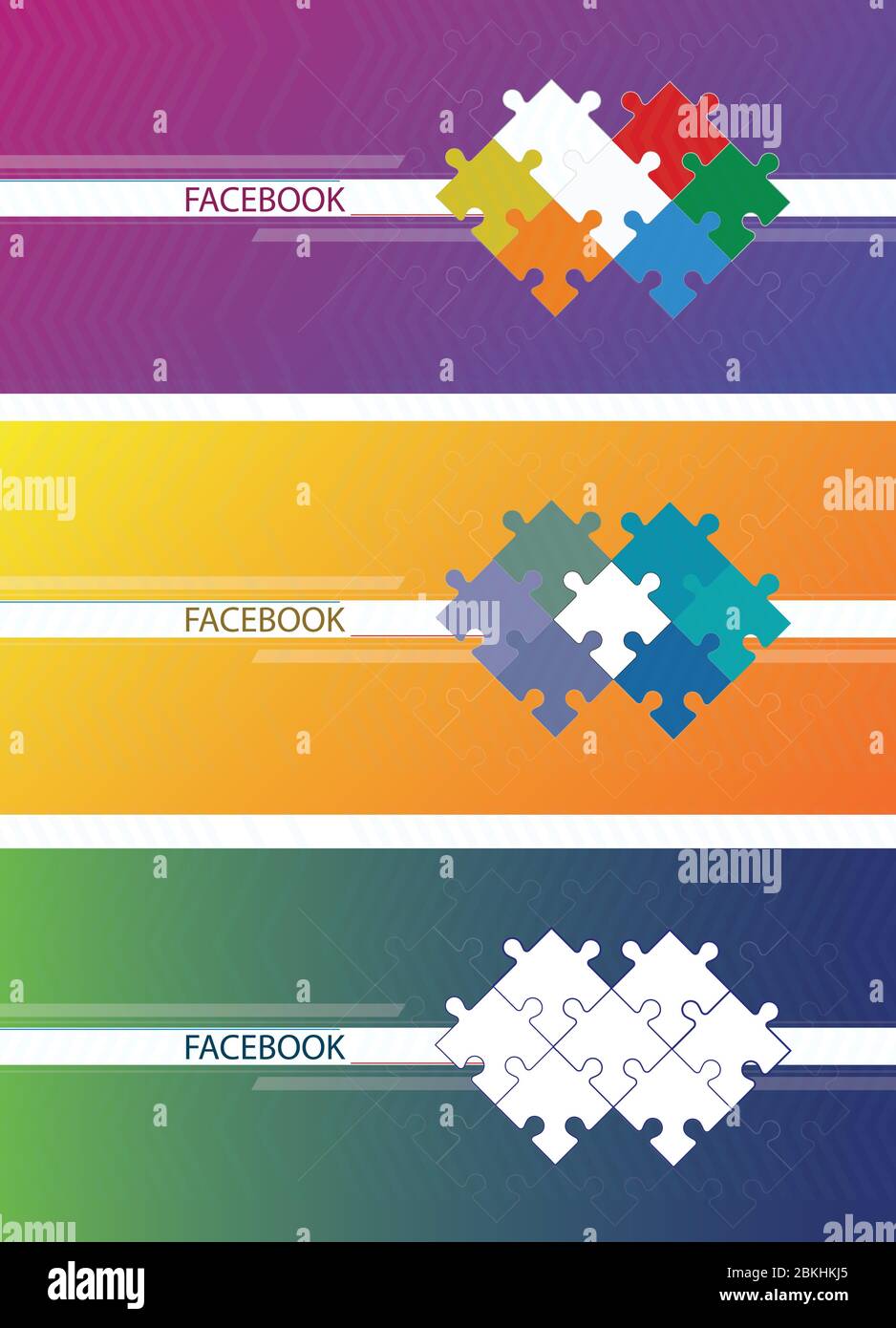 Banner für das soziale Netzwerk von facebook. Blauer abstrakter Hintergrund mit weißen Streifen. Zusammengebaut Puzzle. Stock Vektor