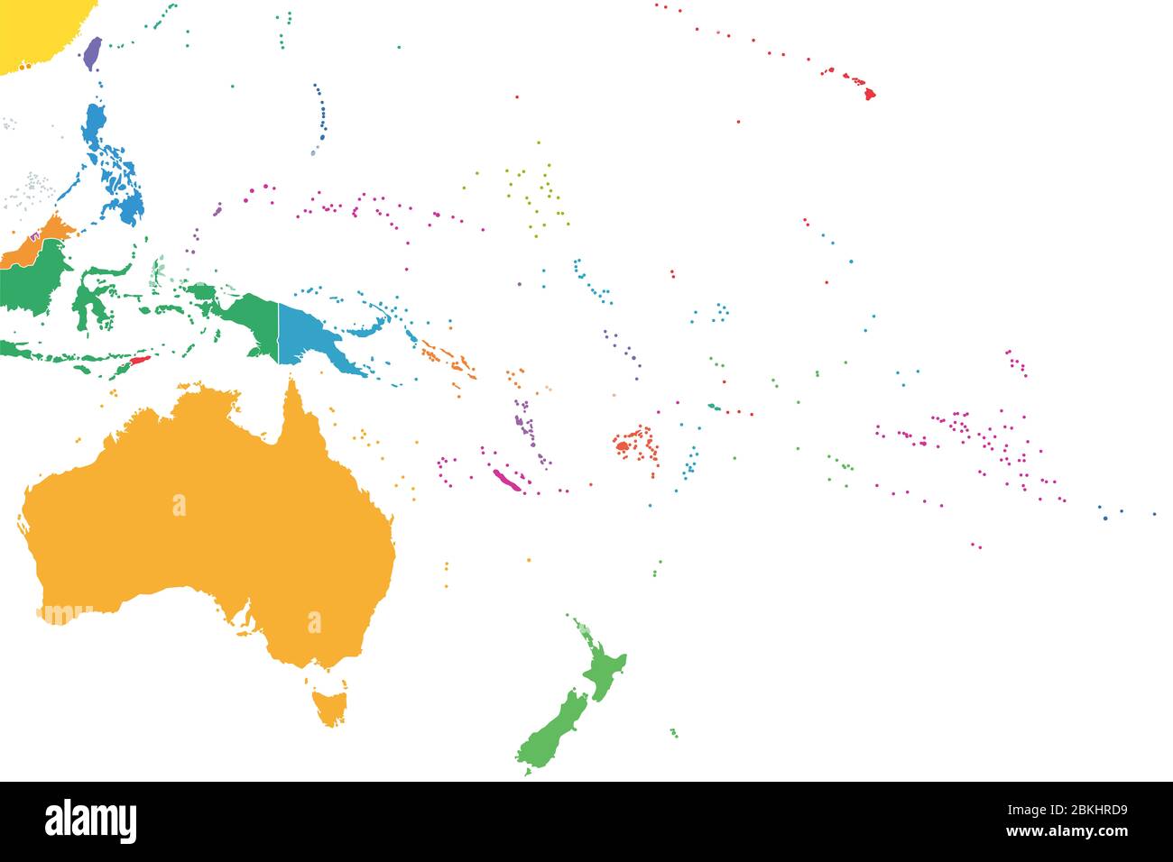 Ozeanien, farbige einzelne Staaten, politische Karte. Geographische Region, südöstlich der asiatisch-pazifischen Region. Australasien, Melanesien, Mikronesien, Polynesien. Stockfoto