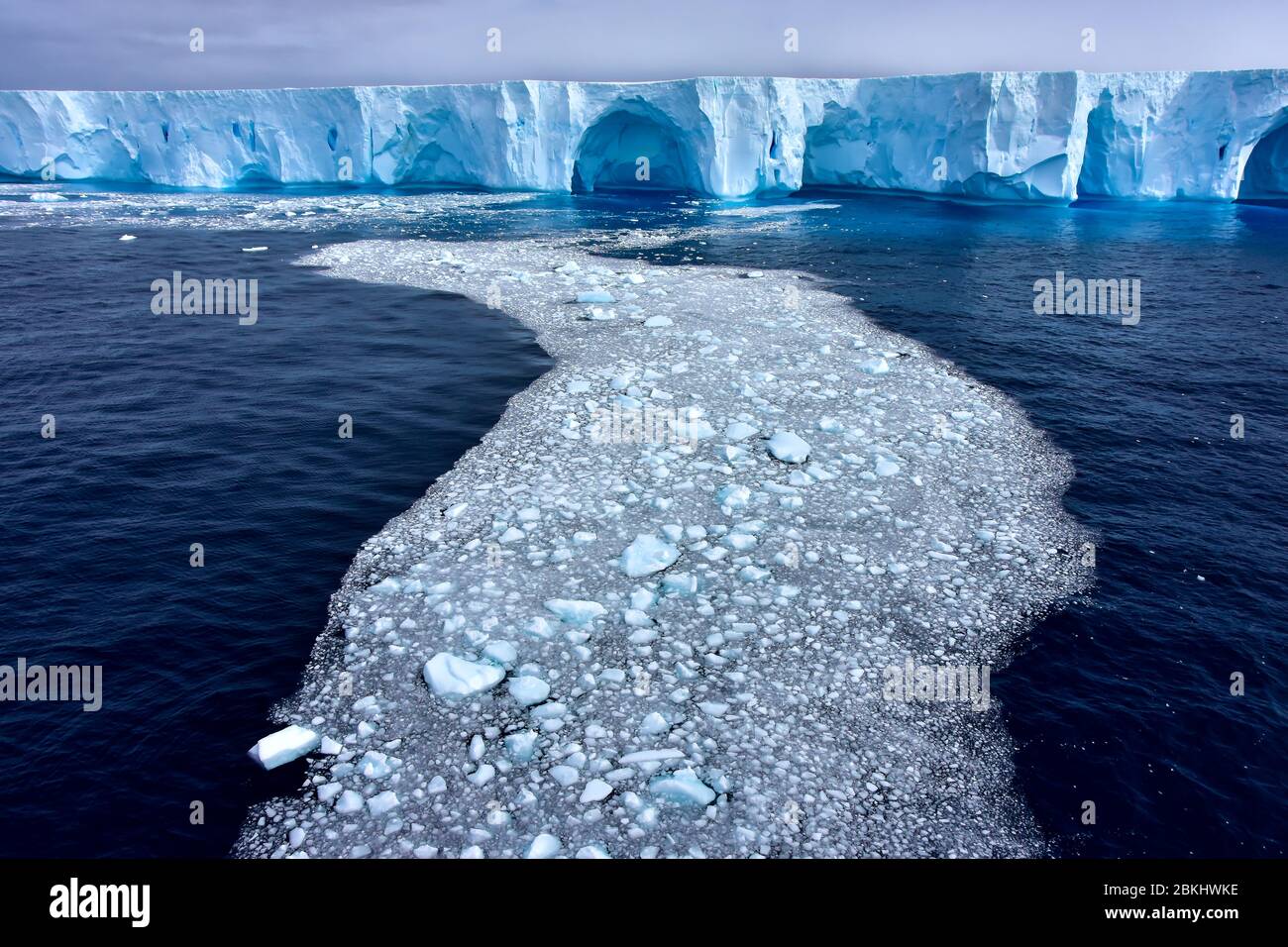 Ein großer blauer Eisberg und Eisscholle in der Antarktis. Stockfoto