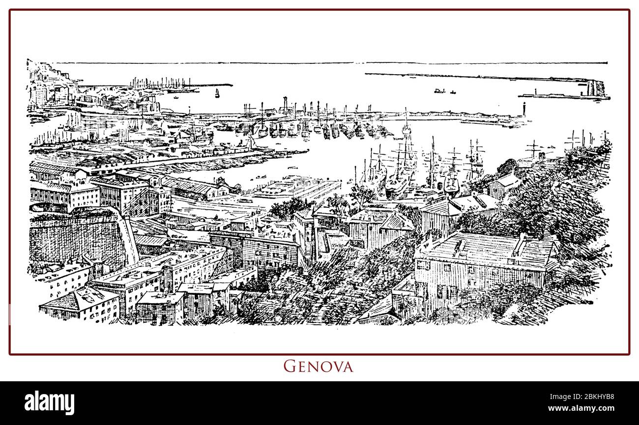 Vintage illustrierte Tabelle mit einem Panoramablick auf die Stadt Genua der wichtigste italienische Seehafen und einer der wichtigsten Häfen am Mittelmeer, aus einem Lexikon des 19. Jahrhunderts Stockfoto