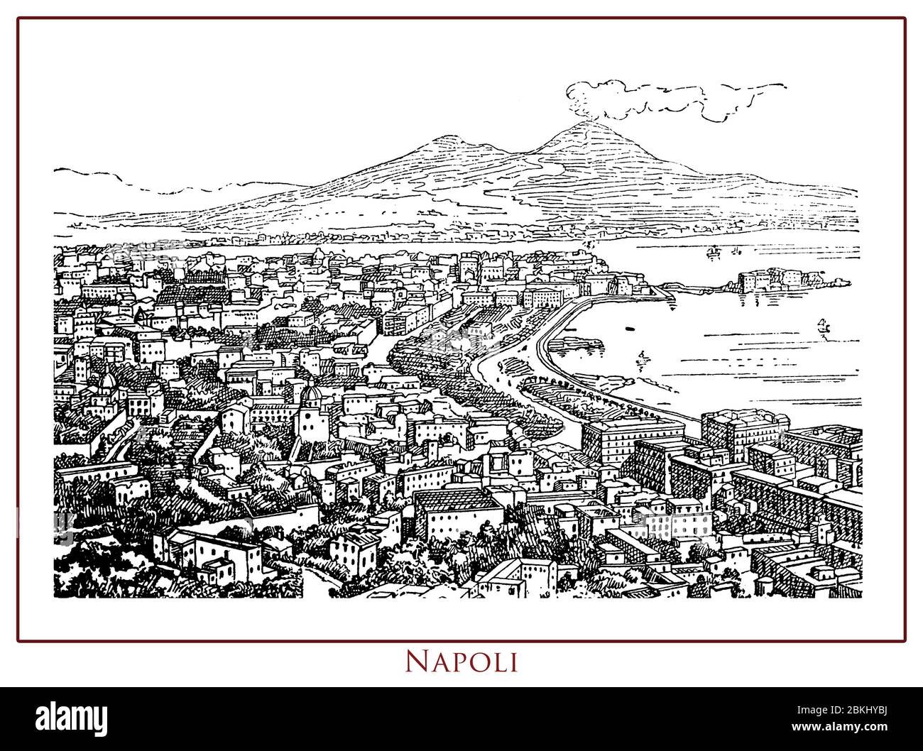Vintage illustrierte Tabelle mit einem Panoramablick auf die Stadt Neapel (Neapel) Hauptstadt der Region Kampanien in Süditalien. Die Stadt ist ein wichtiger mediterraner Hafen in der Nähe des aktiven Vulkans Vesuv Stockfoto