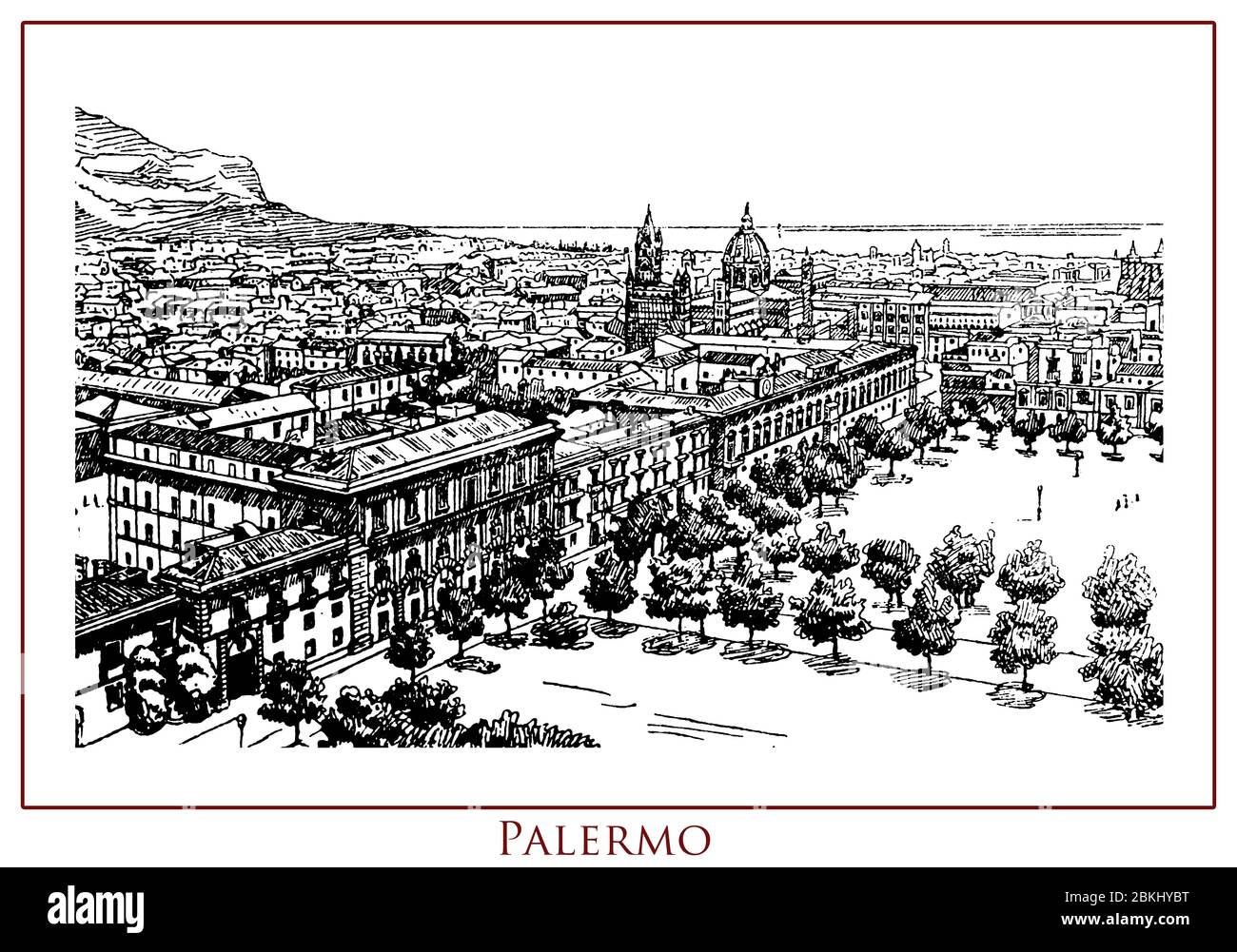 Vintage illustrierte Tabelle mit einem Panoramablick auf die Stadt Palermo, 2700 Jahre alt, Hauptstadt von Sizilien Insel und Region Süditalien, Stadt reich an Geschichte, Kunst und Kultur. Stockfoto