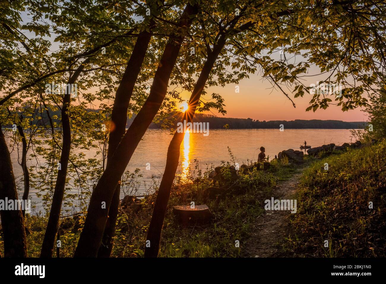 Ungarn, Kreis Bács-Kiskun, Baja, Sonnenuntergang am Donauufer Stockfoto
