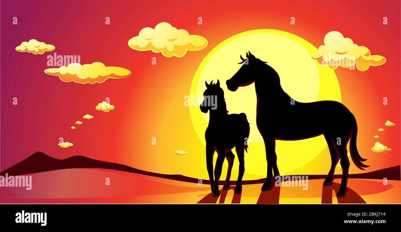 Banner Landschaft mit Pferden im Sonnenuntergang - Vektor-Illustration Stock Vektor