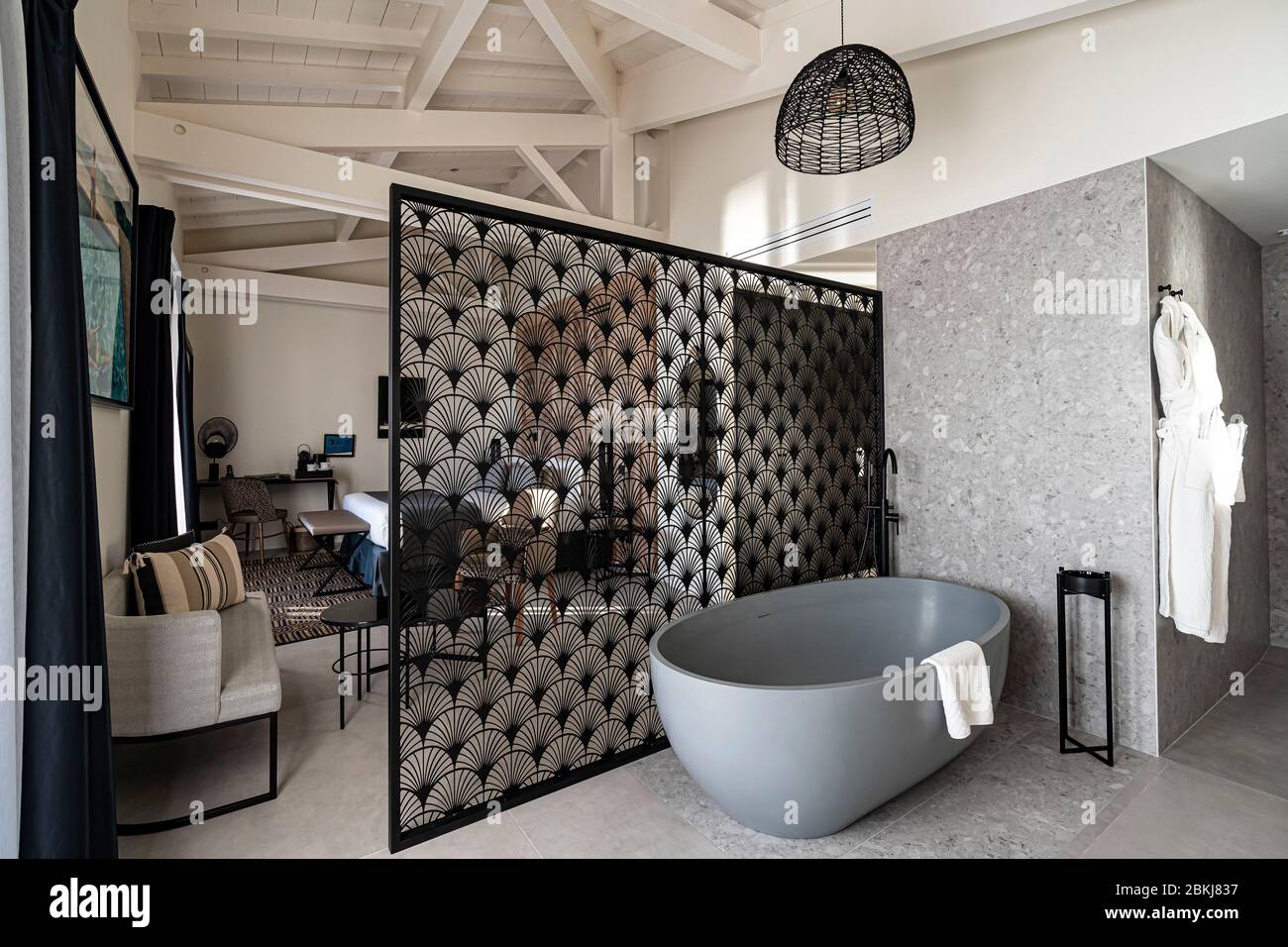 France, Gironde, Bassin d'Arcachon, La Teste-de-Buch, Andernos, Andernos-les-Bains, L'Anderenis Boutique Hotel, Suite mit Meerblick Stockfoto