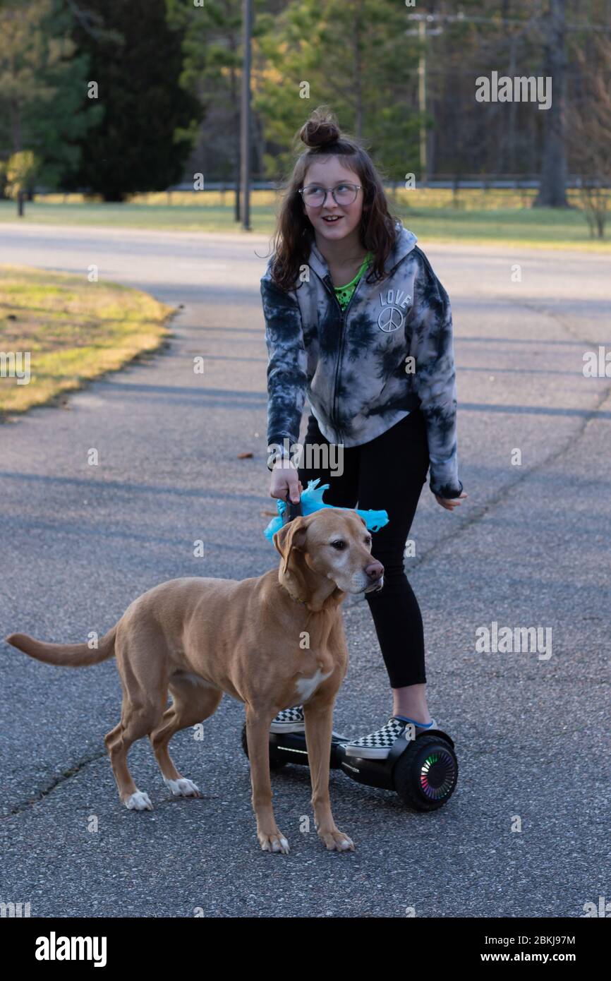 Newport News, VA/USA-2. April 2020: Ein junges Mädchen, das auf einem Hover Board reitet, um an einem sonnigen Tag mit ihrem Hund durch eine Nachbarschaft zu gehen. Stockfoto