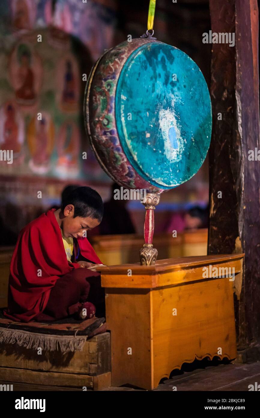 Indien, Jammu und Kaschmir, Ladakh, Thiksey Gompa, junger Novizenmönch, der sitzt und seine Gebete revidiert, Höhe 3600 Meter Stockfoto