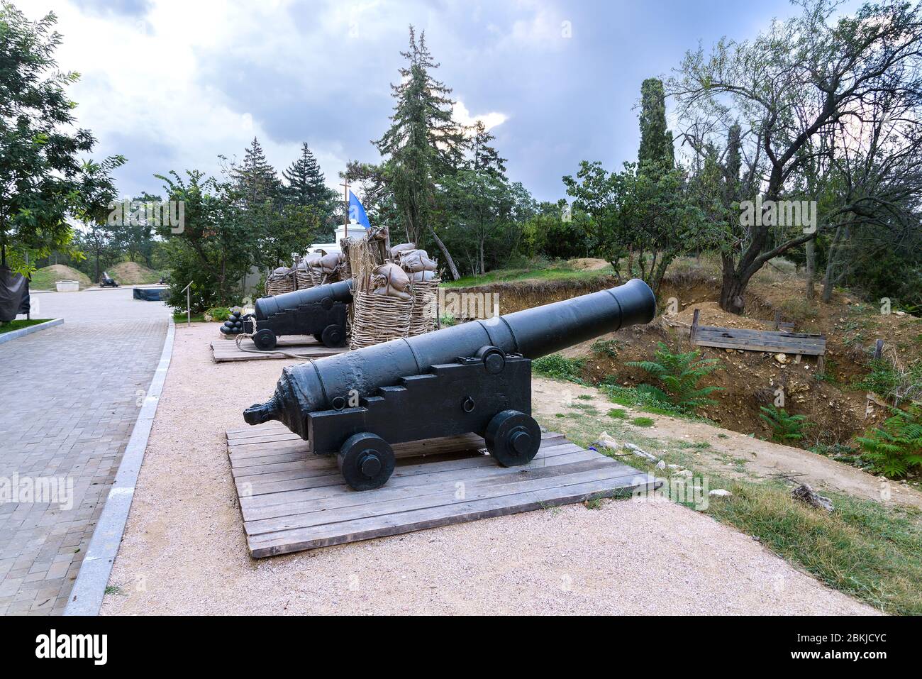 Artilleriepositionen auf dem Malachow-Hügel in Sewastopol. Der Krimkrieg von 1853-1856. Stockfoto