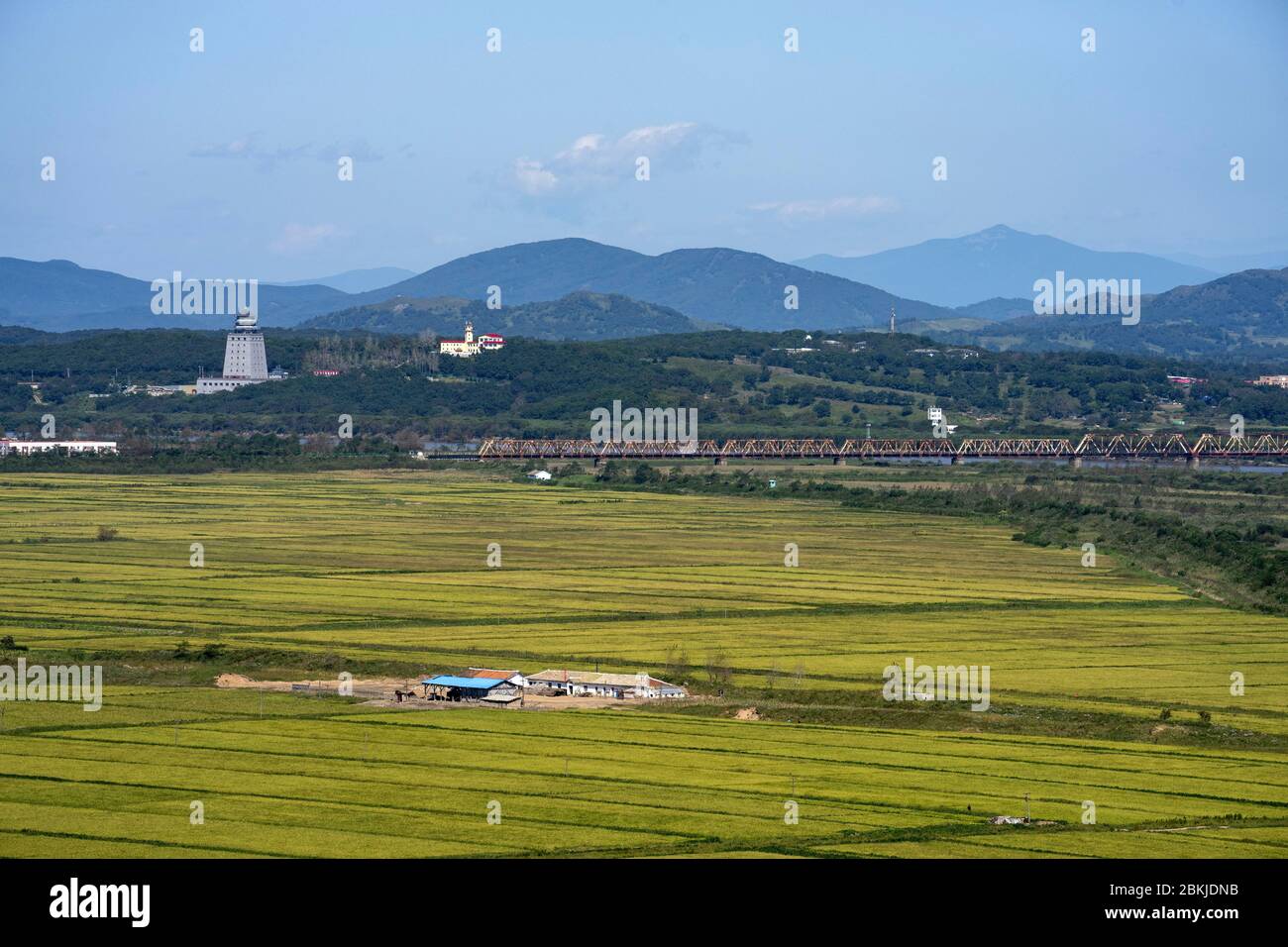 Nordkorea, die Sonderwirtschaftszone Rason, Tumangang, der Sungjon-Pavillon überblicken die drei Grenzen Nordkoreas, Chinas und Russlands Stockfoto