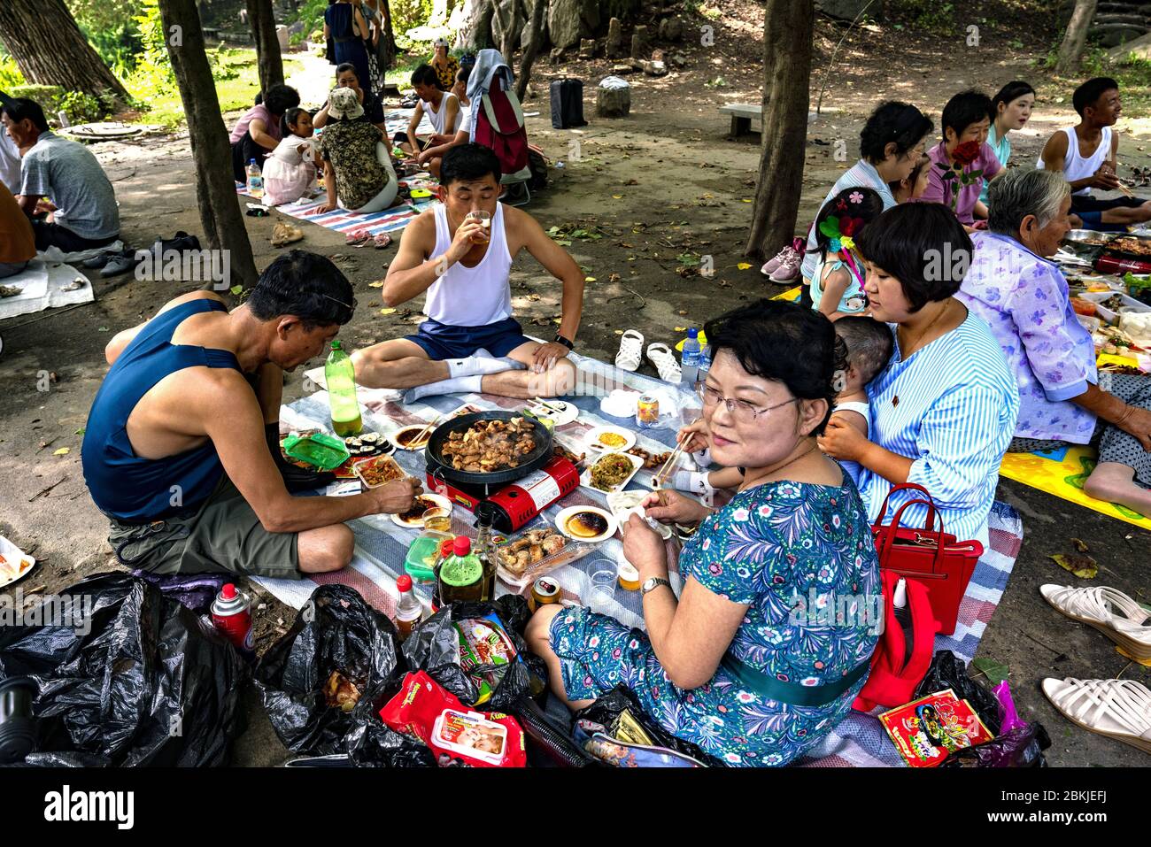 Nordkorea, Pjöngjang, Familien und Freunde, die im Moranbong Park essen und trinken Stockfoto