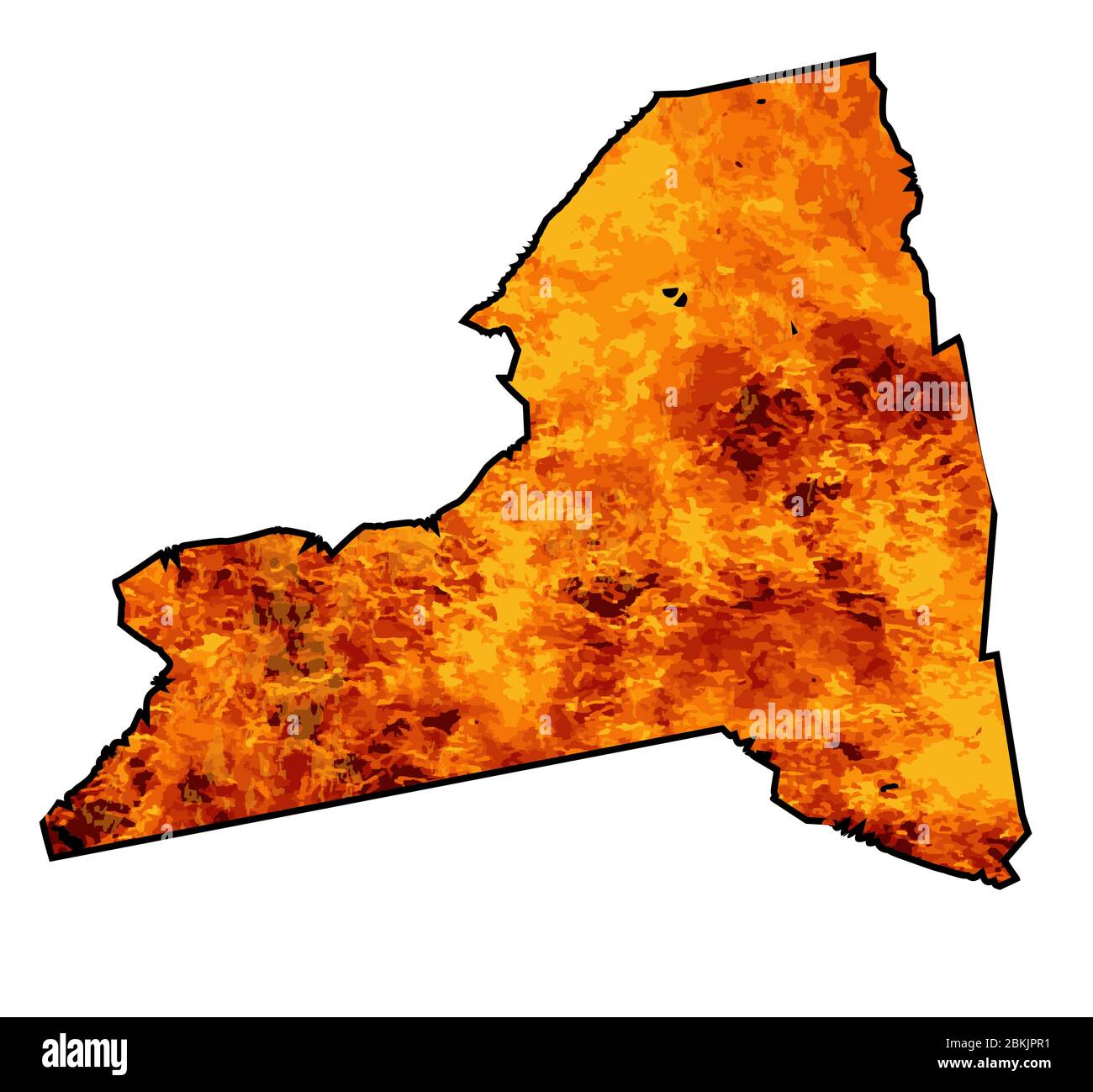 Silhouette Karte von New York State über einem weißen Hintergrund mit Flammen in die Silhouette eingesetzt Stock Vektor
