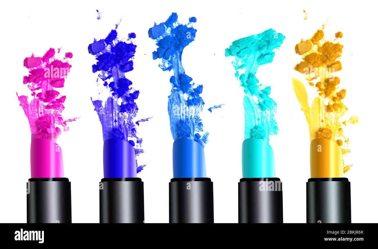 Spur von verschiedenen Lippenstiften Farbe auf weißem Hintergrund. Make-up Konzept Satz von Lippenstift Stockfoto