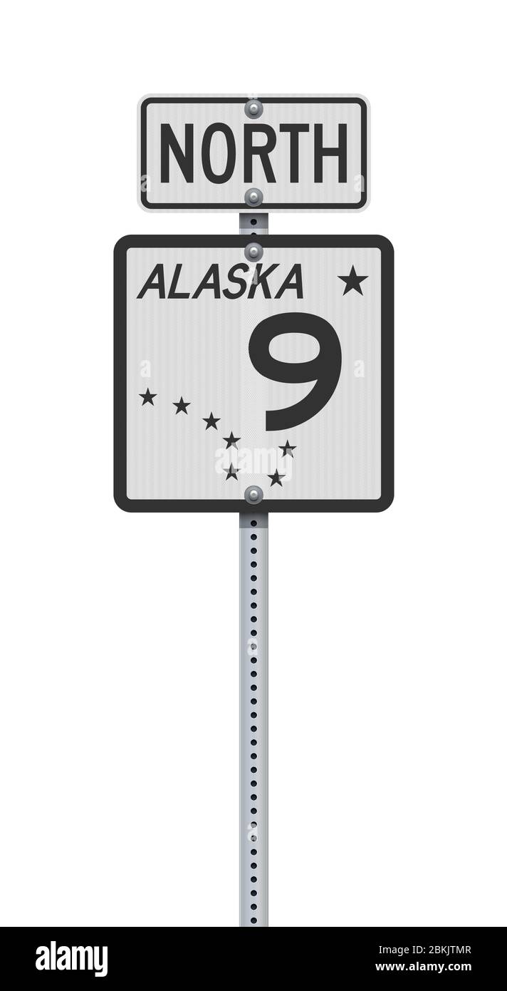 Vektordarstellung der Alaska State Highway 9 und North Road Signs auf Metallpfosten Stock Vektor